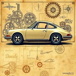 A stunning artistic poster of a classic Porsche 911, illustrated in the style of Leonardo da Vinci