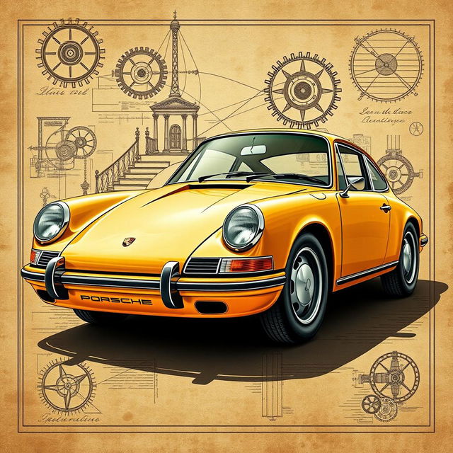 A stunning artistic poster of a classic Porsche 911, illustrated in the style of Leonardo da Vinci