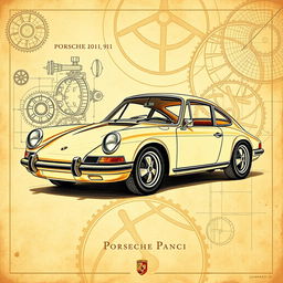 A stunning artistic poster of a classic Porsche 911, illustrated in the style of Leonardo da Vinci