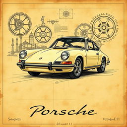 A stunning artistic poster of a classic Porsche 911, illustrated in the style of Leonardo da Vinci