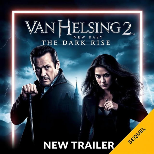 An exciting movie poster for "Van Helsing 2: The Dark Rise - New Trailer (2025)" featuring Hugh Jackman as Van Helsing and Ana de Armas in a supporting role