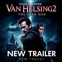 An exciting movie poster for "Van Helsing 2: The Dark Rise - New Trailer (2025)" featuring Hugh Jackman as Van Helsing and Ana de Armas in a supporting role