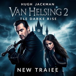 An exciting movie poster for "Van Helsing 2: The Dark Rise - New Trailer (2025)" featuring Hugh Jackman as Van Helsing and Ana de Armas in a supporting role