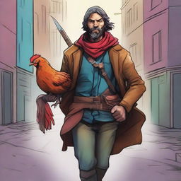 A comic-style digital art illustration portrays a homeless vagrant fighter from a fantasy DnD setting