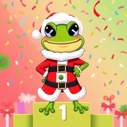 A vibrant and playful vector illustration of a frog character, inspired by Pepe, dressed in a traditional Santa Claus outfit, complete with a red coat, white fur trim, and black belt