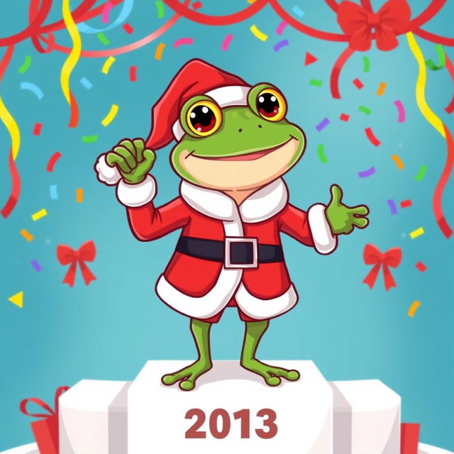 A vibrant and playful vector illustration of a frog character, inspired by Pepe, dressed in a traditional Santa Claus outfit, complete with a red coat, white fur trim, and black belt