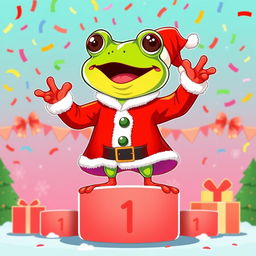 A vibrant and playful vector illustration of a frog character, inspired by Pepe, dressed in a traditional Santa Claus outfit, complete with a red coat, white fur trim, and black belt
