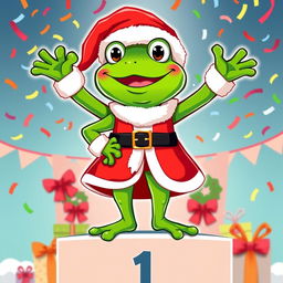 A vibrant and playful vector illustration of a frog character, inspired by Pepe, dressed in a traditional Santa Claus outfit, complete with a red coat, white fur trim, and black belt