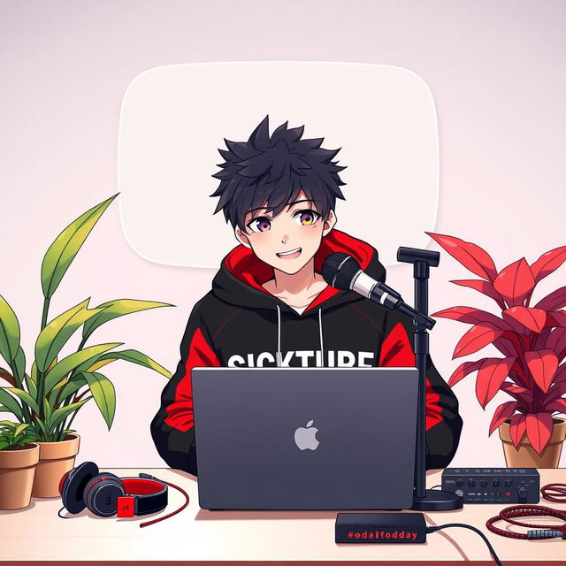 An 18-year-old anime boy sitting at a computer desk, wearing a stylish black and red hoodie with the channel name 'SICKTUBE' printed on it