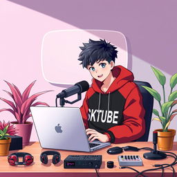 An 18-year-old anime boy sitting at a computer desk, wearing a stylish black and red hoodie with the channel name 'SICKTUBE' printed on it