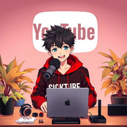 An 18-year-old anime boy sitting at a computer desk, wearing a stylish black and red hoodie with the channel name 'SICKTUBE' printed on it