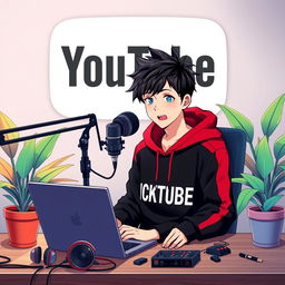 An 18-year-old anime boy sitting at a computer desk, wearing a stylish black and red hoodie with the channel name 'SICKTUBE' printed on it