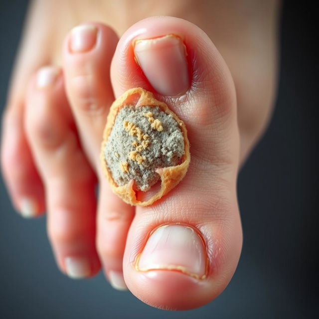 A detailed close-up image of a fungal infection on a big toe