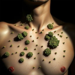 An artistic representation of a fungal infection on a person's skin, designed to evoke the feeling of trypophobia
