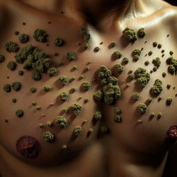 An artistic representation of a fungal infection on a person's skin, designed to evoke the feeling of trypophobia