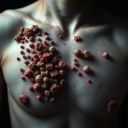 An artistic representation of an infection on a person's skin, designed to evoke the feeling of trypophobia