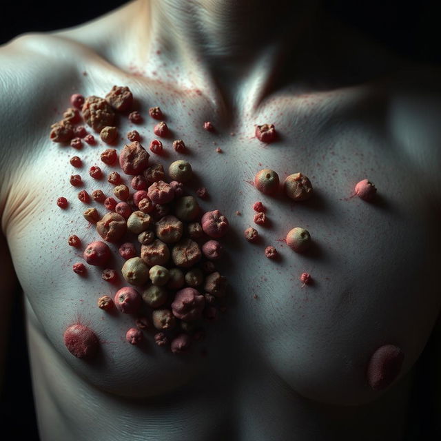 An artistic representation of an infection on a person's skin, designed to evoke the feeling of trypophobia
