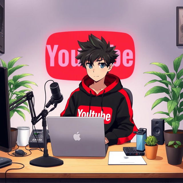An 18-year-old anime boy sitting at a computer desk, wearing a black and red hoodie with 'SDtube' printed on it