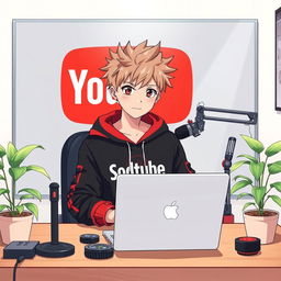 An 18-year-old anime boy sitting at a computer desk, wearing a black and red hoodie with 'SDtube' printed on it