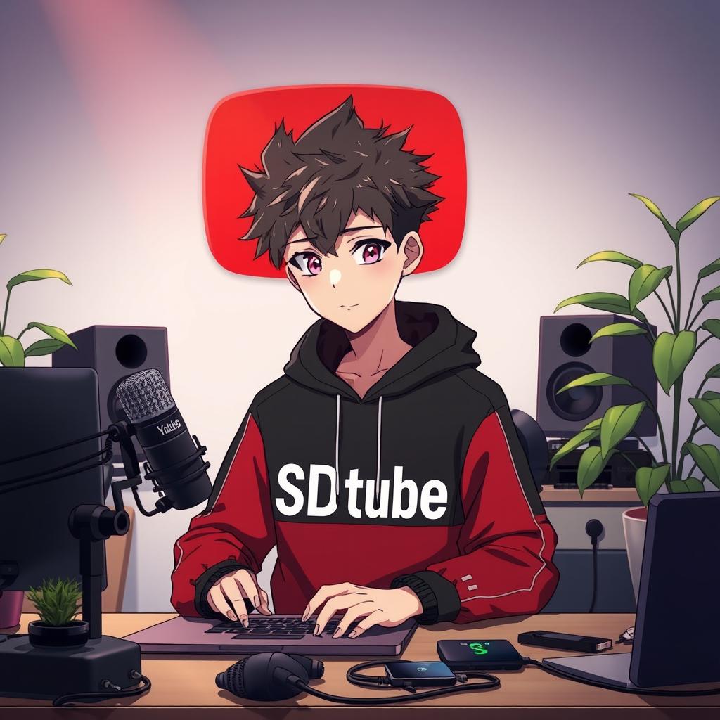 An 18-year-old anime boy sitting at a computer desk, wearing a black and red hoodie with 'SDtube' printed on it