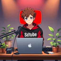 An 18-year-old anime boy sitting at a computer desk, wearing a black and red hoodie with 'SDtube' printed on it