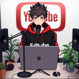 An 18-year-old anime boy sitting at a computer desk, wearing a stylish black and red hoodie featuring the Channel Name 'SDtube'