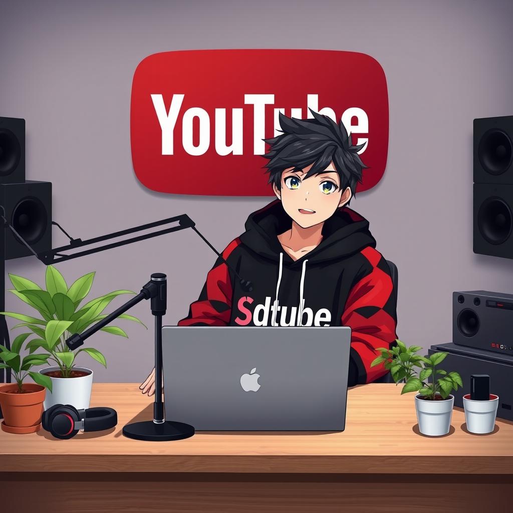 An 18-year-old anime boy sitting at a computer desk, wearing a stylish black and red hoodie featuring the Channel Name 'SDtube'