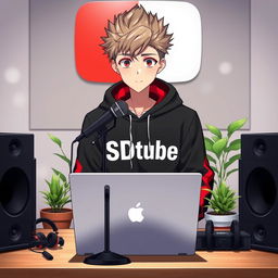 An 18-year-old anime boy sitting at a computer desk, wearing a stylish black and red hoodie featuring the Channel Name 'SDtube'