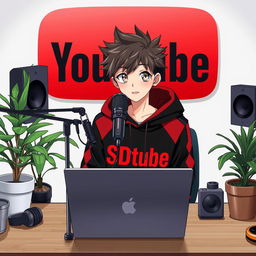 An 18-year-old anime boy sitting at a computer desk, wearing a stylish black and red hoodie featuring the Channel Name 'SDtube'