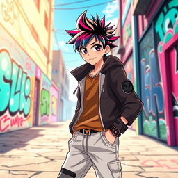 An 18-year-old anime boy standing confidently, showcasing his stylish outfit
