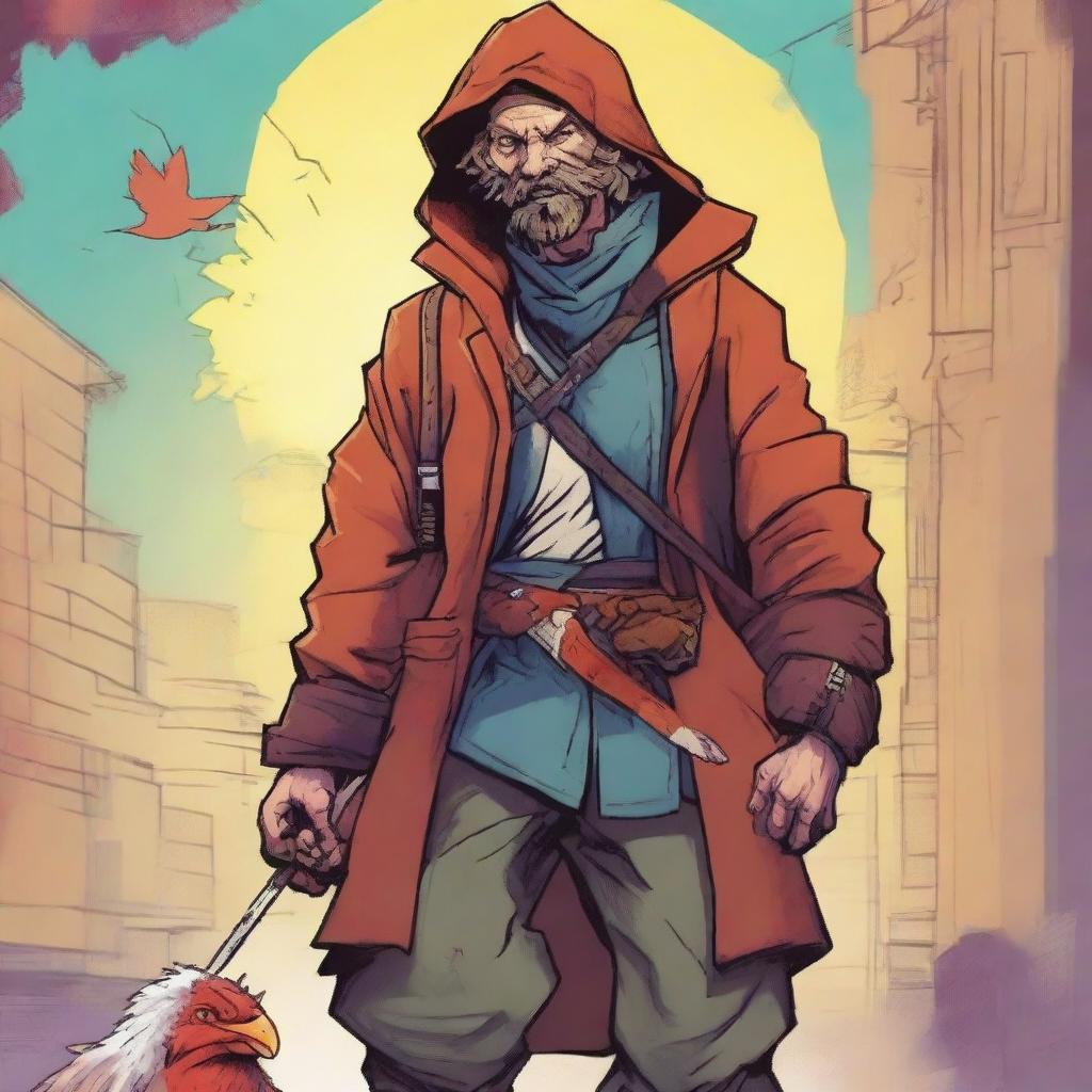 A comic-style digital art illustration portrays a homeless vagrant fighter from a fantasy DnD setting