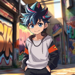 An 18-year-old anime boy standing confidently, showcasing his stylish outfit