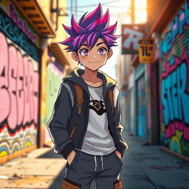 An 18-year-old anime boy standing confidently, showcasing his stylish outfit