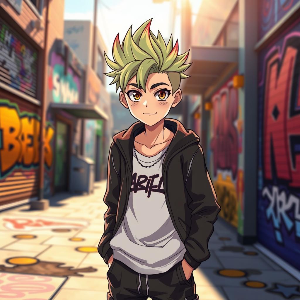 An 18-year-old anime boy standing confidently, showcasing his stylish outfit