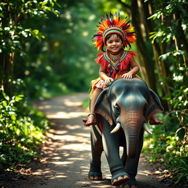 A young child adorned in a vibrant indigenous costume, complete with feathers and beads, joyfully riding a small baby elephant along a winding forest path