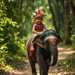 A young child adorned in a vibrant indigenous costume, complete with feathers and beads, joyfully riding a small baby elephant along a winding forest path