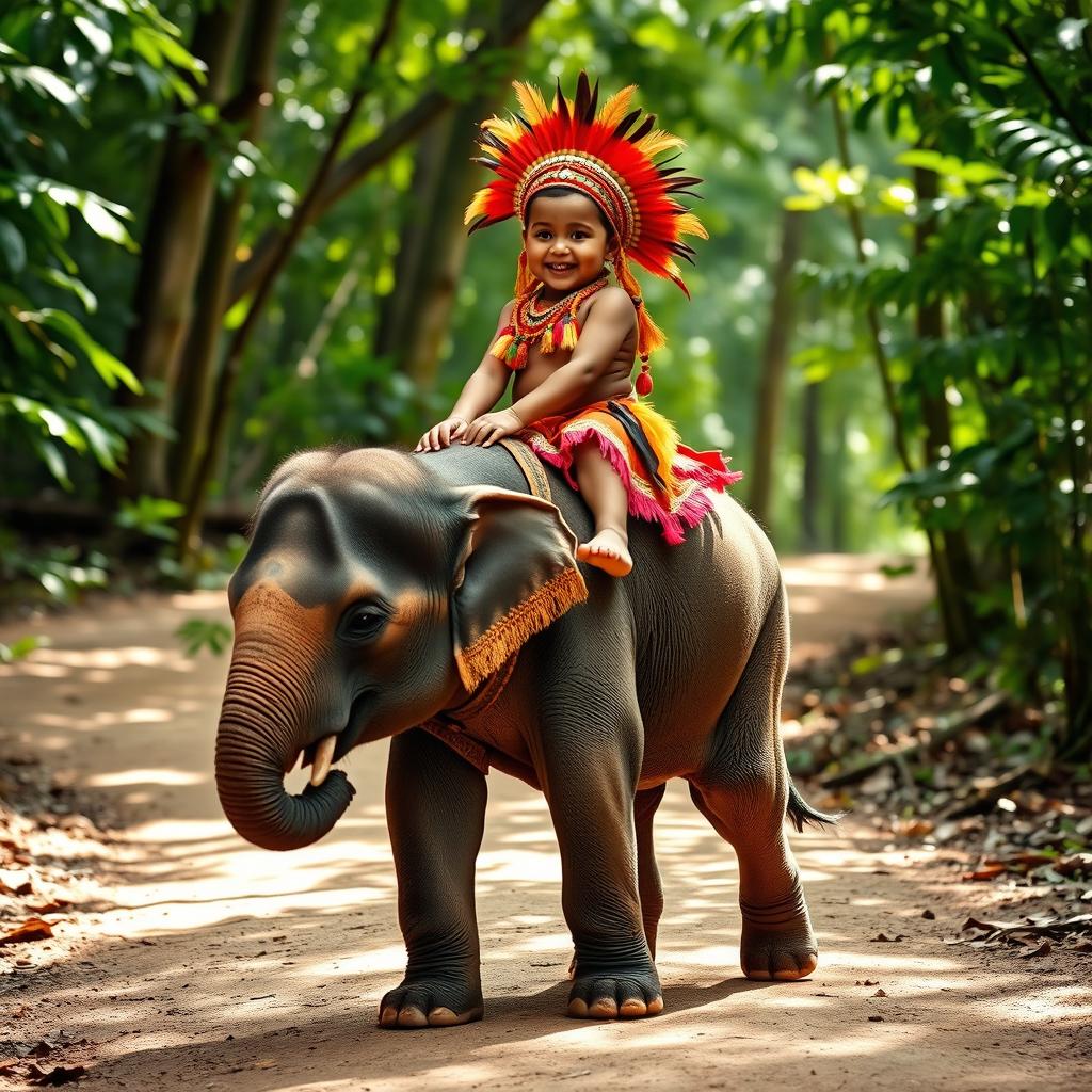 A young child adorned in a vibrant indigenous costume, complete with feathers and beads, joyfully riding a small baby elephant along a winding forest path