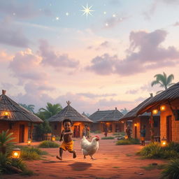 A whimsical and dreamy scene depicting the birth of Jesus in a vibrant African village