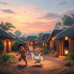 A whimsical and dreamy scene depicting the birth of Jesus in a vibrant African village