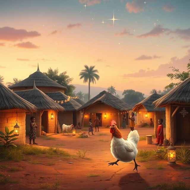 A whimsical and dreamy scene depicting the birth of Jesus in a vibrant African village