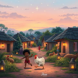 A whimsical and dreamy scene depicting the birth of Jesus in a vibrant African village