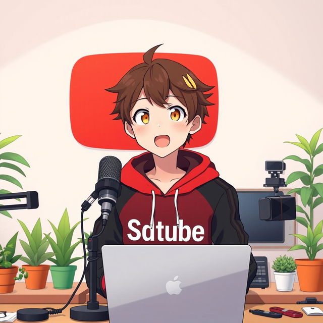 An 18-year-old anime boy sitting in front of a computer desk equipped with a microphone and a laptop