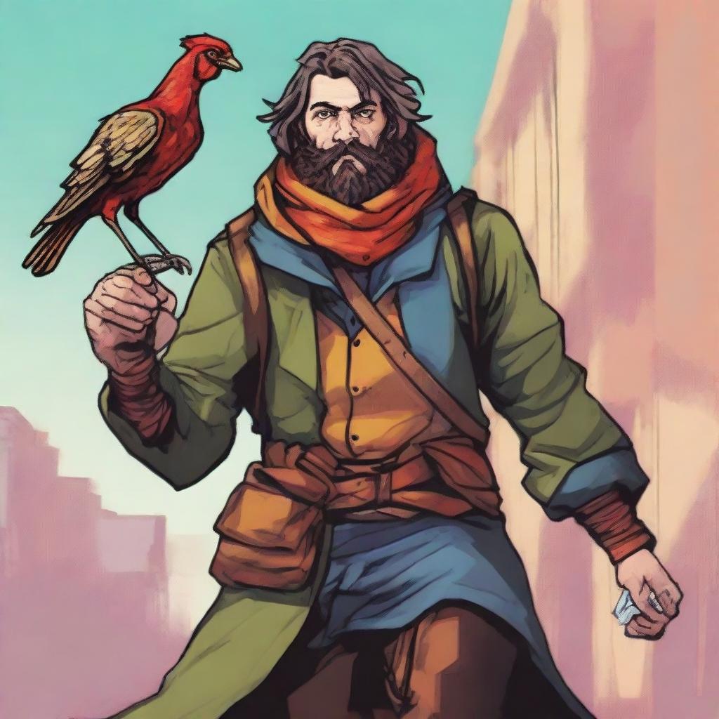 A comic-style digital art illustration portrays a homeless vagrant fighter from a fantasy DnD setting