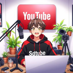 An 18-year-old anime boy sitting in front of a computer desk equipped with a microphone and a laptop