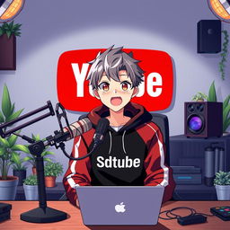 An 18-year-old anime boy sitting in front of a computer desk equipped with a microphone and a laptop