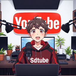An 18-year-old anime boy sitting in front of a computer desk equipped with a microphone and a laptop