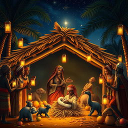 A vivid and culturally rich depiction of the birth of Jesus set in ancient Africa