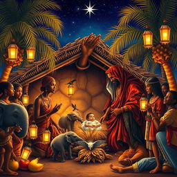 A vivid and culturally rich depiction of the birth of Jesus set in ancient Africa