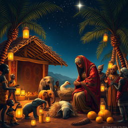 A vivid and culturally rich depiction of the birth of Jesus set in ancient Africa