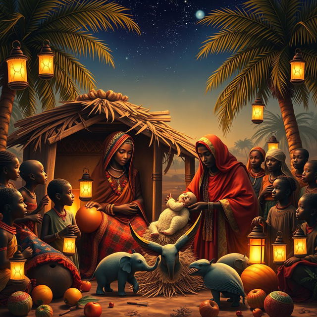 A vivid and culturally rich depiction of the birth of Jesus set in ancient Africa